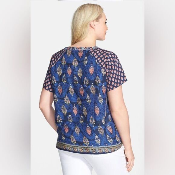 lucky Brand Blue and Pink Women's Tunic Kimono Coverup Top 1X Boho Beach Casual - Picture 3 of 11